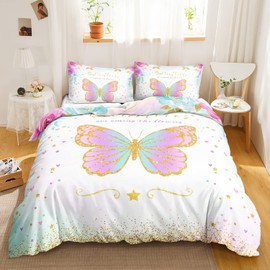 CVHOUSE Butterfly Duvet Cover Set Twin Size,Butterfly Bedding Set,Butterflies Printed Comforter Cover Set for Girls Kids Teens,1 Quilt Cover 2 Pillowcases 3 Piece