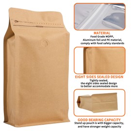 Mstar Pack 50 PCS Upgraded Coffee Bags with Valve (Kraft Paper, 8 oz/0.5 lb), Black High Barrier Aluminum Foil Flat Bottom Standing Coffee Bean Storage Bags, Heat Sealable Resealable Bag for Home.