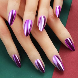 Chrome Metal Press-On Glossy Purple Shine False Nails - Gel Glue-On Sparkly Mirror Medium Almond Manicure Art Acrylic Fake Stick-On With Chrome Design for Coquette Women 24Pcs