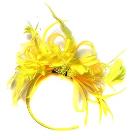 Caprilite Fashion Yellow Fascinator Light Net Hoop Feather Hair Headband Wedding Royal Ascot Races
