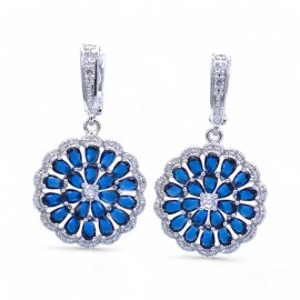 Sapphire Rhodium Plated with Simulated Sapphire & Cubic Zirconia Drop Hoop Earrings