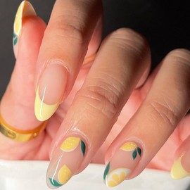 24Pcs Lemon Press on Nails Almonds French Tip Fake Nails Medium False Nails with Designs Cute Stick on Nails Yellow Nail Tips Summer Acrylic Nails Full Cover Glue on Nails for Women Nail Decorations