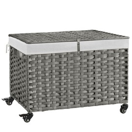 Rolling Storage Basket with Lid, 47.6 Gallon (180L) Storage Bin with Wheels, Woven Rattan Blanket Storage Basket with Handles, Foldable, Metal Frame, Removable Liner for Bedroom, Laundry Room, Grey