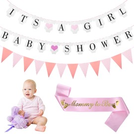 Pink Baby Shower Decorations Girl, Baby Shower Banner "IT’S A GIRL" Pink Bunting Banner "Mammy to Be" Shoulder Strap for Mom Small Bunting with The Shape of The Clothes Strap for Gender Reveal Party
