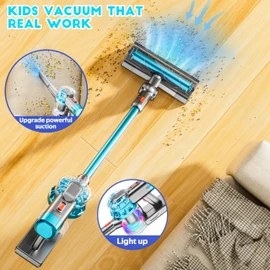4-in-1 Kids Toy Vacuum That Works, Toddler Pretend Play Cleaning Set with Real Suction, Toys Working Cleaner Birthday Idea for 3 4 5 6 7+ Year Girl Boy (Blue)