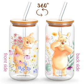 wjrsxilt Pooh Bear Frosted Cups, Honey Bear Cup Gift for Women, Gifts for Women, Winnie Glass Cups with Lid, Glass Tumbler & Water Honey Gift For Best Friend 16oz