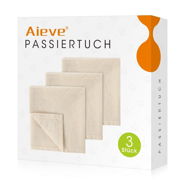 AIEVE Pack of 3 Filter Cloths, Sieve Cloth, Cheese Cloth, Dumpling Cloth, 100% Cotton Cloth Set for Nut Milk Soup Fruit Juice Yoghurt for Cheese Making (50 x 50 cm)