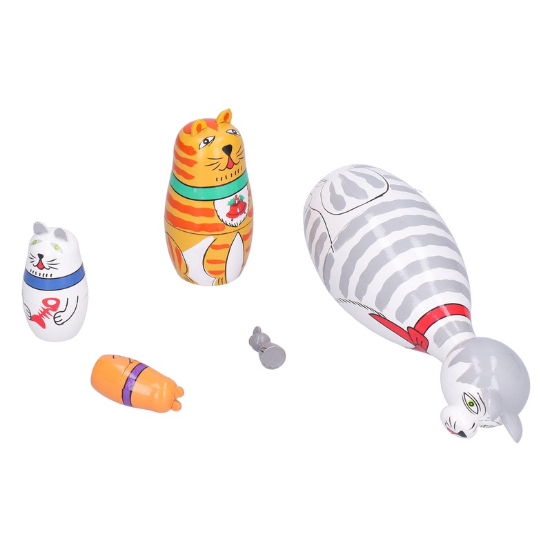 5Pcs Nesting Dolls Kit Innovative Cartoon LongNecked Cat Ornament Wooden