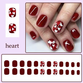 24Pcs Cute Heart Press on Nails Short Square Fake Nails Valentines Glue on Nails Red Glossy False Nails with Heart Love Design Reusable Artificial Acrylic Nails Valentine Stick on Nails for Women
