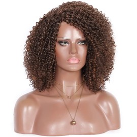 Kalyss Short Afro Kinky Curly Wigs for Women Side Curved Part Natural Looking Big ,Bouncy and Super Soft Premium Synthetic Afro Curls Wigs for Women (Mix Brown Highlights)