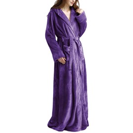 Flygo Womens Fuzzy Plush Long Hooded Robe Full Length Flannel Fleece Bathrobe Warm Housecoat DarkPurple-S