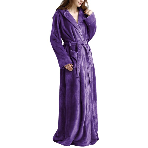 Flygo Womens Fuzzy Plush Long Hooded Robe Full Length Flannel