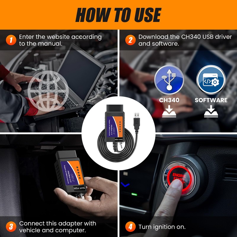 ELMconfig ELM327 OBD2 USB Adapter for Windows, OBD2 Scanner Diagnostic