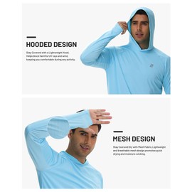 Runhit UPF 50+ Fishing Shirts for Men Long Sleeve UV Sun Protection Hoodie Outdoor Workout Hiking Running Rash Guard Lightweight Quick Dry Light Blue S
