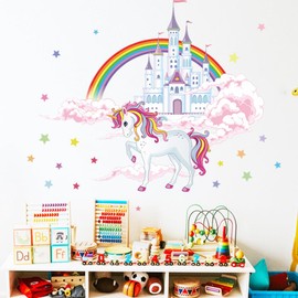 Esmee Watercolor Cartoon Clouds Castle White Horse wall Stickers Kindergarten Scene Layout wall Decals Suitable for Children's Bedrooms, Bathrooms, Living rooms(peel and stick wall decals)