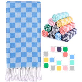 Cotton Turkish Beach Towels with Bag Quick Dry Sand Free Soft Absorbent Adult Bath Pool Swim Long Wide Stripe Towel Cloud Linen Sandfree Chamois Mat Summer Thing Lightweight Thin Travel Blue Plaid