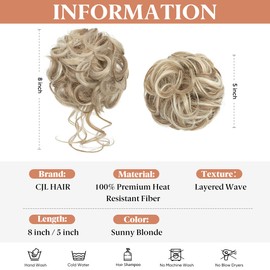 CJL HAIR 2PCS Messy Bun Hair Pieces Wavy Curly Synthetic Updo Chignon Fake Scrunchies Ponytail Extension for Women Sunny Blonde
