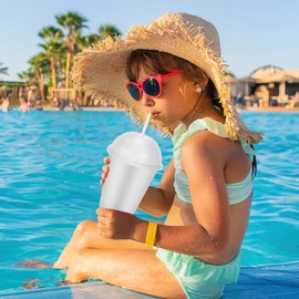 24 Sets Slushie Cups with Dome Lids and Straws Detachable Spoon Straws Reusable Plastic Iced Coffee Cups Smoothie Tumbler for Birthdays Summer Party Supplies (Transparent White)