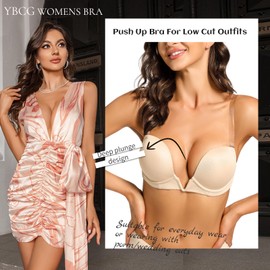 YBCG Plunge Bra with Clear Back Straps Backless Deep V Convertible Push up Padded Add 2 Cup Low Cut Underwire for Women Nude 32C
