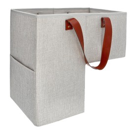 SAM AND MABEL Stair Baskets for Carpeted and Wooden Stairs - 16” L x 9.5” W x 16” H Foldable Staircase Basket with Handles, Stair Step Storage Organizer for Home Office Decor (Grayish Beige)