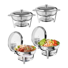 GarveeHome Chafing Dish Buffet Set 4 Pack, 5QT Round Stainless Steel Chafer and Food Warmers with Food & Water Pan, Lid, Frame, Fuel Holder for Catering, Parties, Events, Wedding, Camping, Dinner