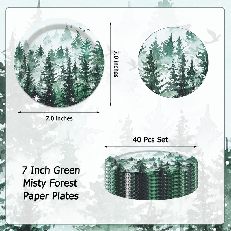 Jajajuegos 40-Piece 7 Inch Green Misty Forest Disposable Paper Plates