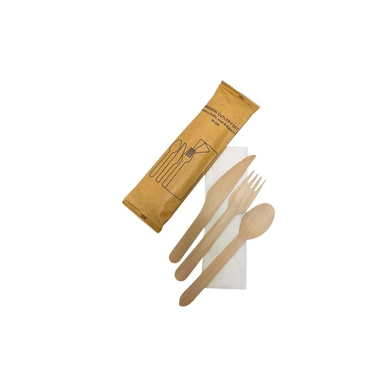 DISPOSABLE GREEN® | Individual Wrapped Wooden Compostable Cutlery Set, Each