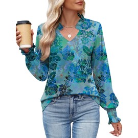 Kistore Woman Blouse Long Sleeve Tunic Tops for Women 2025 Fall V Neck Casual T Shirts Business Peacock Blue Floral XL