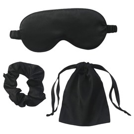 3 PCS Sleep Masks, Silk Eye Mask with Hair Scrunchie and Travel Pouch, Light Blockout Comfort Soft Silk Eye Cover with Elastic Strap for Women & Men (Black)