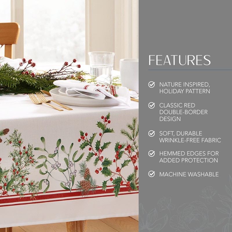 Winter Holiday Berry Christmas Fabric Tablecloth, Multi, 60"x144"