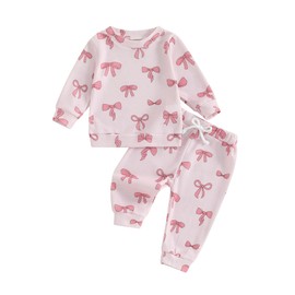 LYSINK Toddler Baby Girl Bow Waffle Set Round Neck Long Sleeve Pullover Sweatshirt Pants 2 Piece Outfits Cute Tracksuit (A-a-Pink, 6-12 Months)