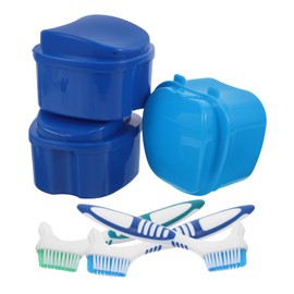 COLLBATH 3 Sets Denture Storage Case with Ergonomic Brushes for Deep Cleaning Breathable Travel Soaking Box Organizer for Retainers and Dentures Maintenance