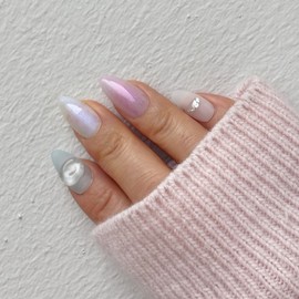Matte Transparent Pebble Handmade Nail Tips Milky Way Nuance Square Almond - Round Square - Short / 매트 투명 페블 수제네일팁 은하수 뉘앙스 스퀘어 아몬드 - 라운드 스퀘어-숏