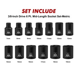 CASOMAN CR-MO 3/8 Inch Drive Magnetic Socket Set, Shallow, 6-Point, Metric, 7 mm to 19 mm, 13 Pieces