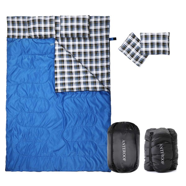 Double Sleeping Bag Cotton Flannel, Waterproof Outdoor Backing Sleeping Bag with 2 Pillow and Compression Bag, Camping Envelope Sleeping Bag for Adults & Kids - Camping Gear Equipment, Traveling