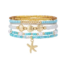 SLYAIH Shell Bracelet Boho Beaded Stretch Bracelets for Women Seashell Summer Beach Bracelet Starfish Charm Bracelets Stackable Gold Pearl Beads Bracelets for Women Jewelry Accessories Gifts