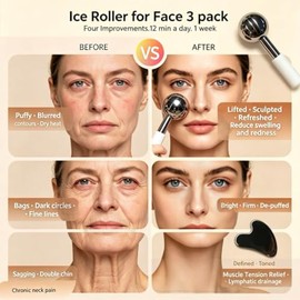 Ice Roller for Face & Eyes, Stainless Steel Ice Globes with Gua Sha Set, 3-Piece Facial Kit for Puffiness, Depuffing and Lymphatic Drainage, Cryo Faci