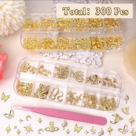 2 Boxes 300 Pcs Gold Nail Charms, Gold Star Nail Charms, Star Cross Butterfly Crown Moon Saturn Nail Gold Charms, Multi Shapes Golden Nail Art Studs, Gold Nail Gems and Charms for Nail Art Y2K Decor
