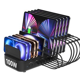 SooPii Multi USB Charging Station,100W 10-Port Type C Fast lPad Charging Station for Multiple Devices with Adjustable Dividers, Charger Organizer Compatible with Phone, Tablet,Kindle and More(Black)