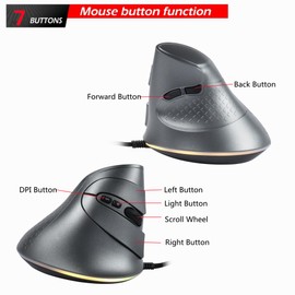 YOCUNKER USB Wired Vertical Mouse 11 RGB Backlight 7200 DPI Adjustable Ergonomic Optical Mouse 6 Buttons, Reduce Wrist Strain, Compatible with MacBook/PC/Laptop/Desktop/Windows/Mac OS (Gray)