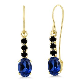 Gem Stone King 10K Yellow Gold Blue Created Sapphire and Black Diamond Drop Dangle Earrings For Women (1.56 Cttw, Gemstone September Birthstone, Oval 6X4MM)