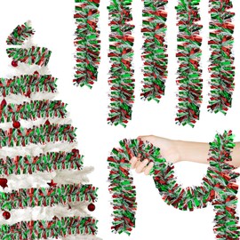 Krissing 33FT Christmas Tinsel Garland, Red Green White Christmas Garland Colorful Metallic Twist Christmas Tree Garland for Mantle Xmas Tree Indoor Outdoor Holiday Christmas Decor
