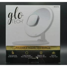 GloTech Foldable Travel LED Mirror, White Opened Box