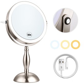 Makeup Mirror with Light, 30x Magnifying Mirror with 3 Lights Colors, 5000mAh Vanity Mirror Brushed Nickel - 360° Rotation, Brightness Adjustable Magnification, Modern Style Side Touch + Side Charge