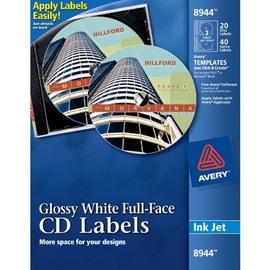 Avery Full-Face CD Labels for Inkjet Printers, Glossy White, 20 Disc Labels and 40 Spine Labels (8944)