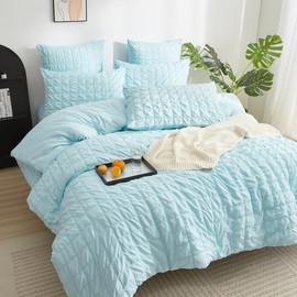 Gezu Bed Linen Blue 155 x 220 cm Checked Seersucker Summer Breathable Cooling Bed Linen Modern Romantic Reversible Bed Linen Set Duvet Cover 155 x 220 cm and 2 Pillowcases 80 x 80 cm with Zip