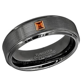 6mm Brushed Gunmetal Tungsten Carbide Wedding Band with 0.05ctw Princess Cut Garnet Tungsten Ring - Comfort Fit Tungsten Anniversary Ring - RG Bezel