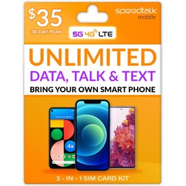 SpeedTalk Mobile $35 Preloaded Smart Phone SIM Card Kit | Unlimited MInutes Call & SMS Text + 10GB of 5G/4G LTE Then Unlimited Data at 2G Speed | 30 Days Wireless Cellphone Service Plan | USA Coverage