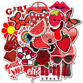 Red Stickers for Water Bottles, 50 Pcs Cute Vsco Trendy Waterproof Stickers for Hydroflasks, Laptop, Phone, Luggage, Skateboard, Guitar, for Girls, Kids, Teens (50 Pcs Red)