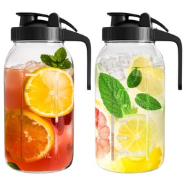 VA1KENE | 2 Pack | 64oz | Glass Mason Jar Pitcher with Lid and Spout Wide Mouth, 2 Quart(1.9L) Leakproof Water Jug for Sun Tea, Iced Coffee, Breastmilk Storage, Juice, Black